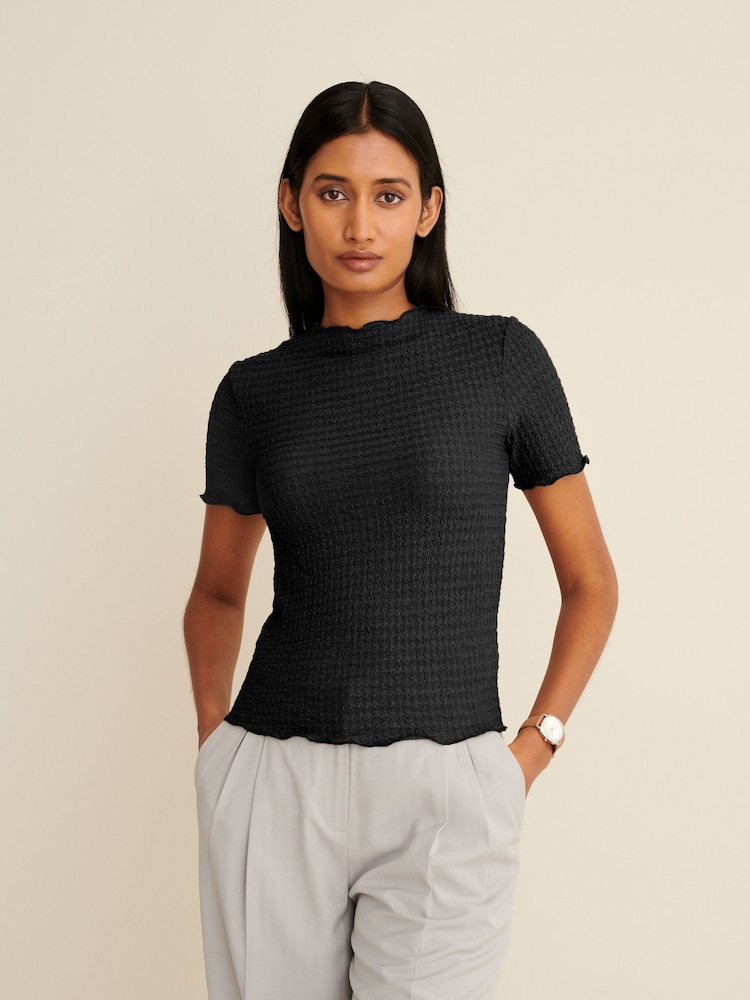 Black Short Sleeve Lettuce Edge Textured Top - Image 1 of 5