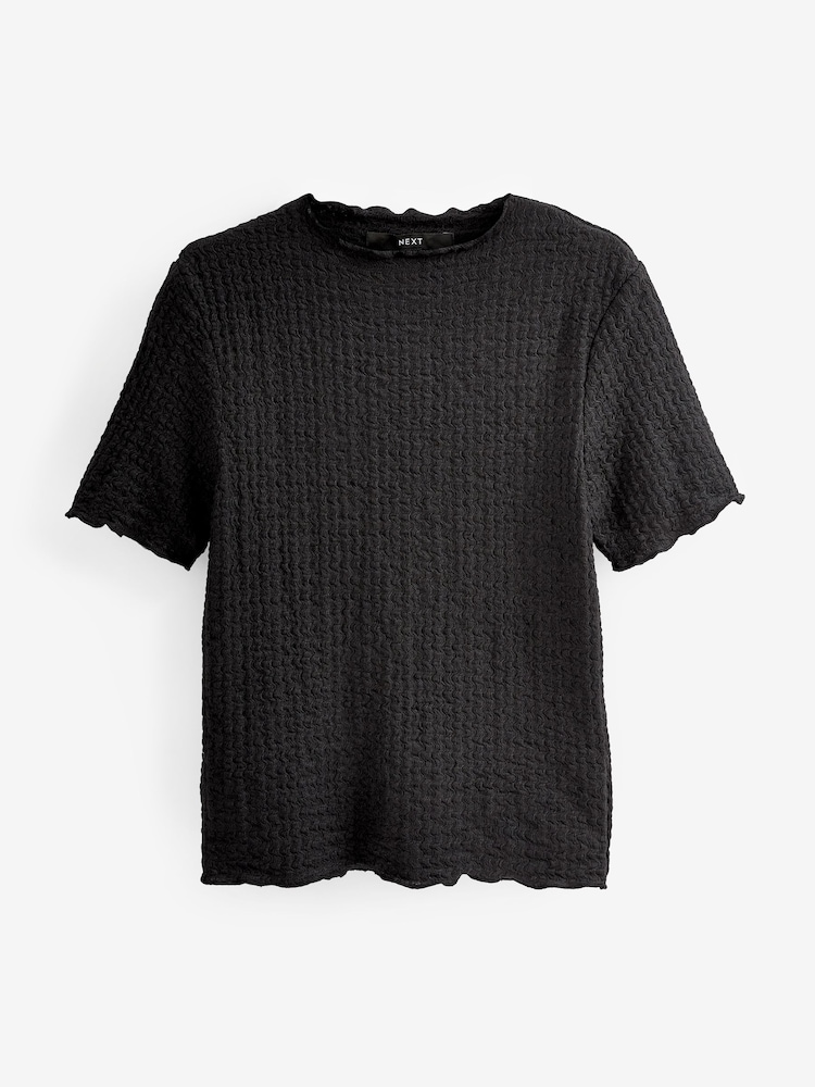 Black Short Sleeve Lettuce Edge Textured Top - Image 5 of 5