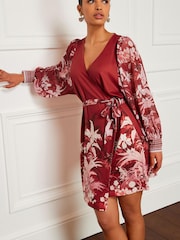 Red Tropical Placement Print Sheer Long Sleeve Mini Wrap Dress - Image 1 of 5