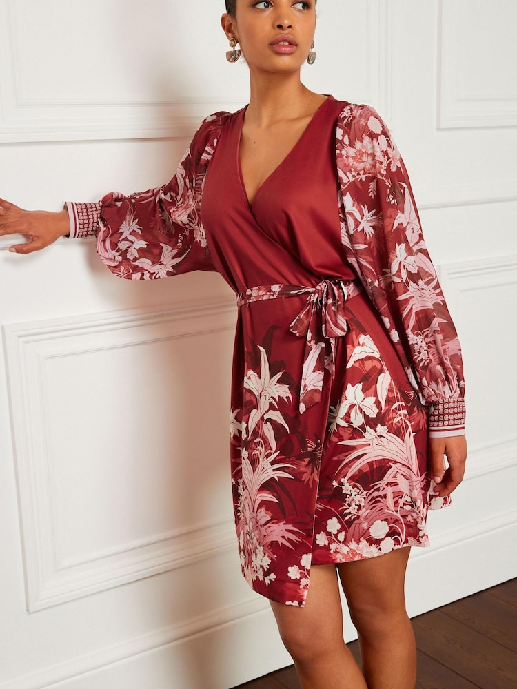 Red Tropical Placement Print Sheer Long Sleeve Mini Wrap Dress - Image 1 of 5