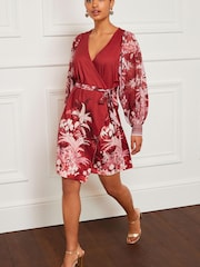 Red Tropical Placement Print Sheer Long Sleeve Mini Wrap Dress - Image 2 of 5