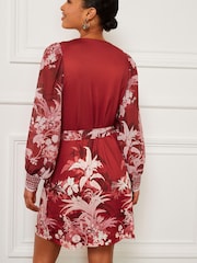 Red Tropical Placement Print Sheer Long Sleeve Mini Wrap Dress - Image 3 of 5