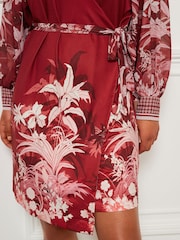Red Tropical Placement Print Sheer Long Sleeve Mini Wrap Dress - Image 4 of 5