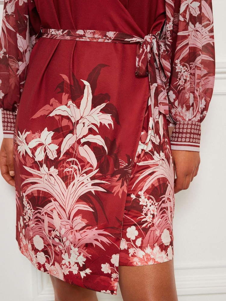 Red Tropical Placement Print Sheer Long Sleeve Mini Wrap Dress - Image 4 of 5