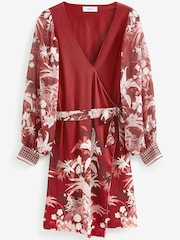 Red Tropical Placement Print Sheer Long Sleeve Mini Wrap Dress - Image 5 of 5