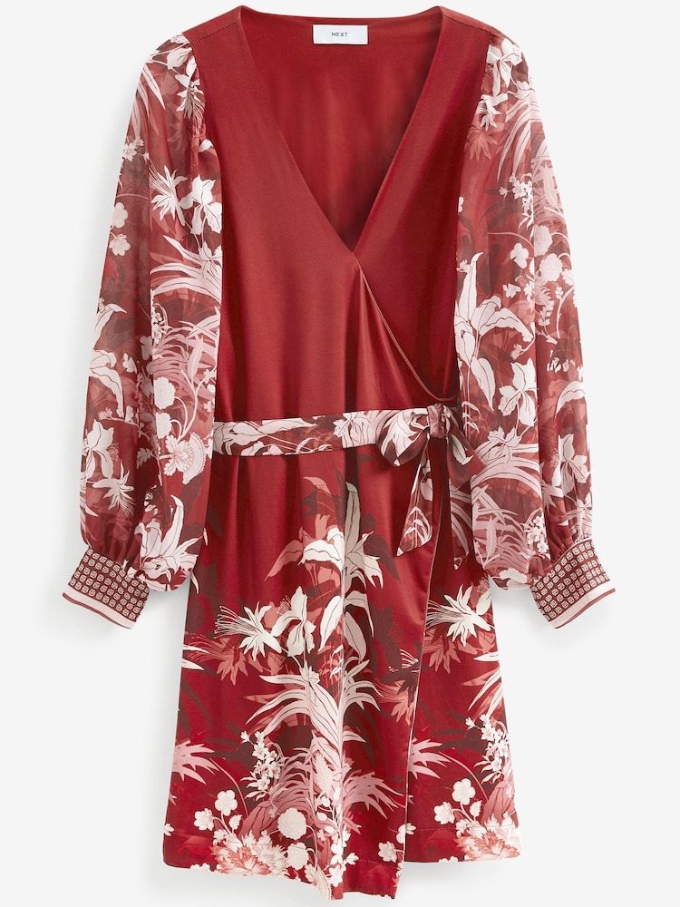 Red Tropical Placement Print Sheer Long Sleeve Mini Wrap Dress - Image 5 of 5