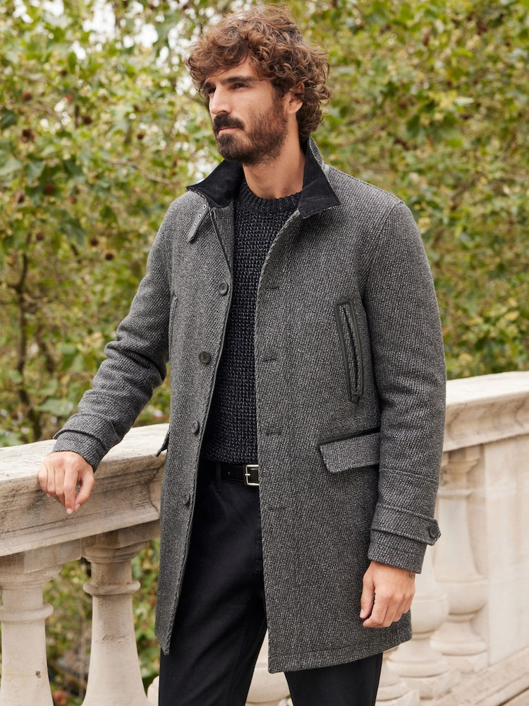 Charcoal Grey Wool Blend Four Pocket Funnel Neck Coat - Image 1 of 12