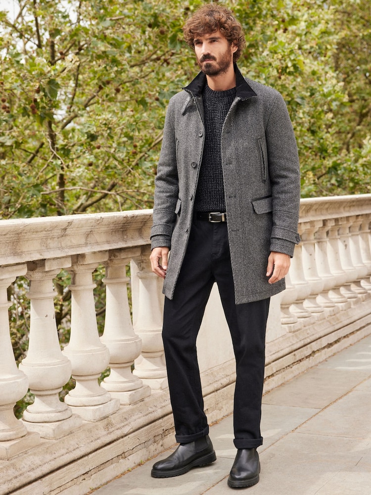 Charcoal Grey Wool Blend Four Pocket Funnel Neck Coat - Image 2 of 12