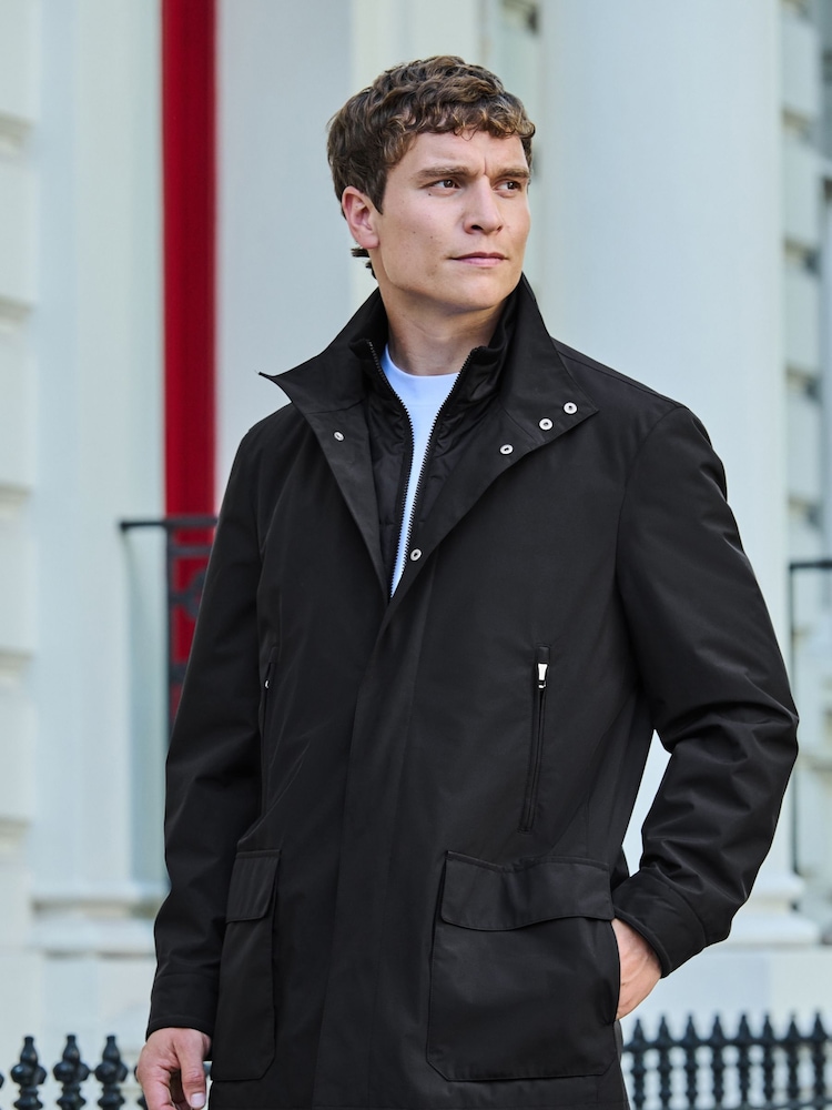Black Shower Resistant Four Pocket Funnel Neck Coat - Image 1 of 10
