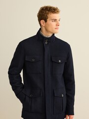 Navy Blue Four Pocket Funnel Neck Coat - Image 1 of 11