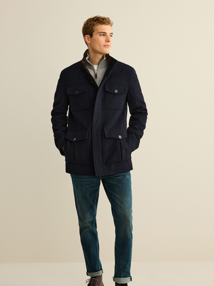 Navy Blue Four Pocket Funnel Neck Coat - Image 2 of 11