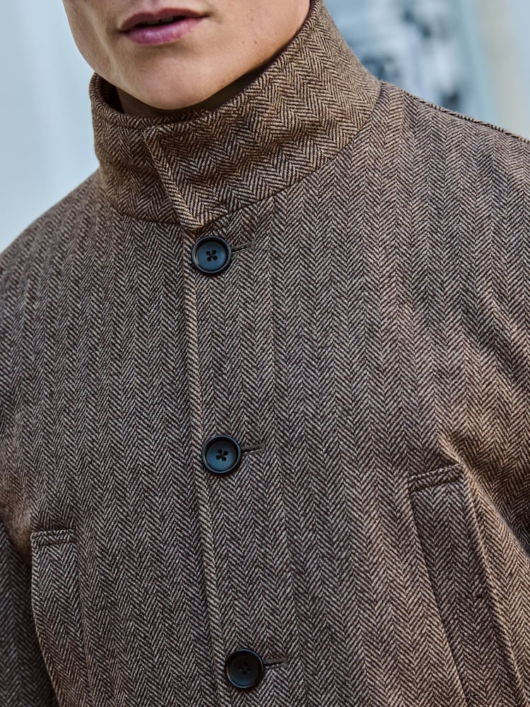 Cream Wool Blend Mock Gilet Herringbone Padded Coat - Image 4 of 10