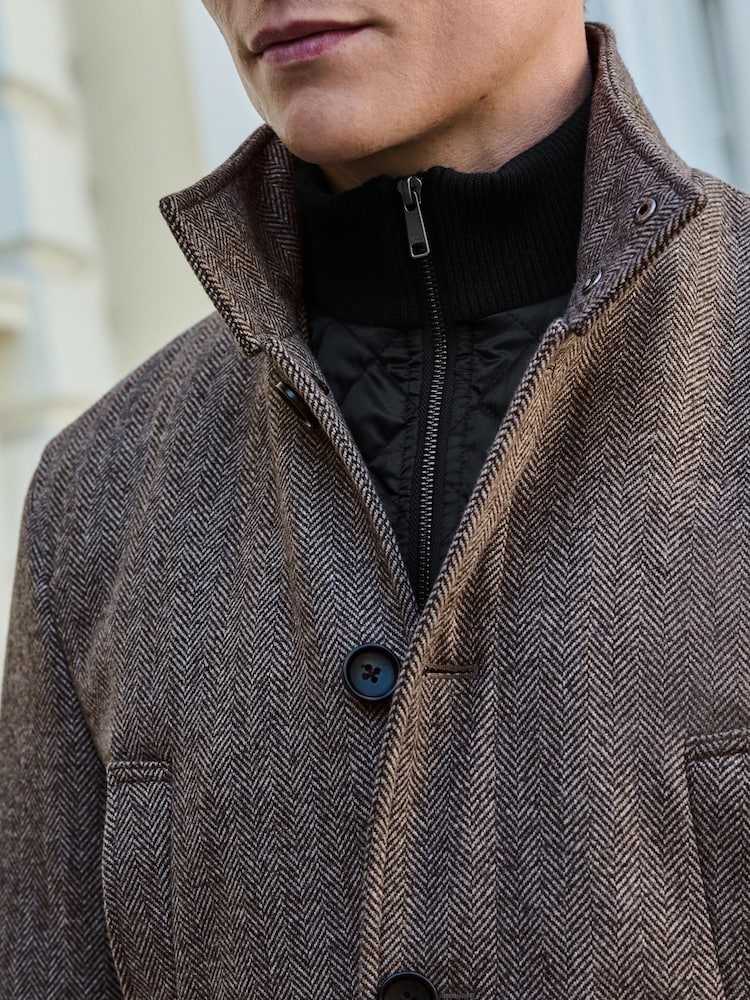 Cream Wool Blend Mock Gilet Herringbone Padded Coat - Image 5 of 10