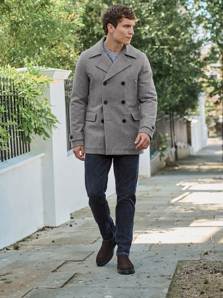 Light Grey Wool Rich Double Breasted Peacoat - Image 2 of 9