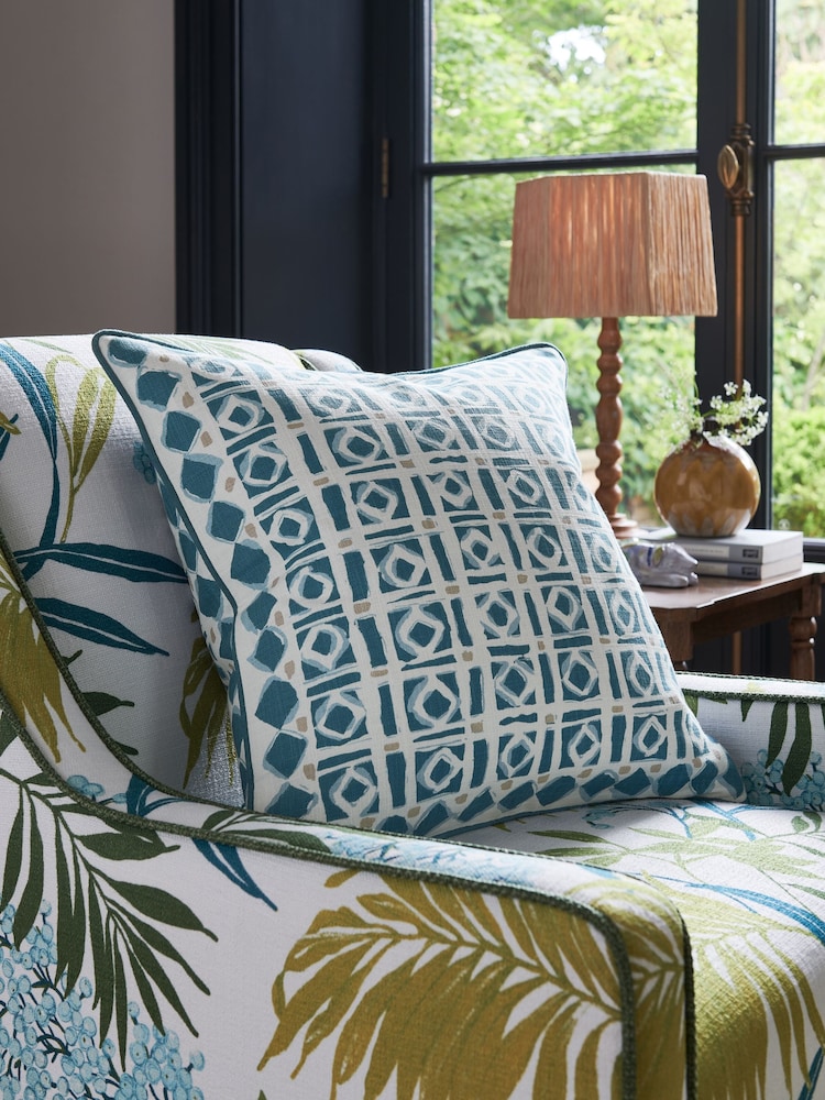 Nina Campbell Navy Blue 100% Cotton Batik Check Cushion - Image 1 of 4