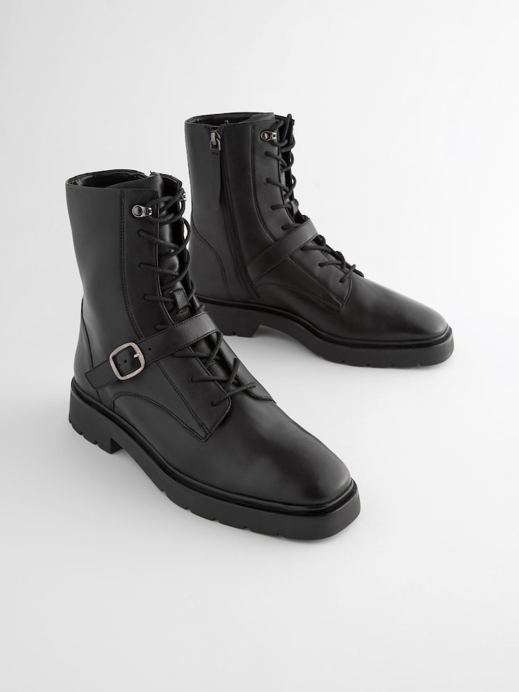 Black Forever Comfort® Lace Up Strap Detail Ankle Boots - Image 1 of 6