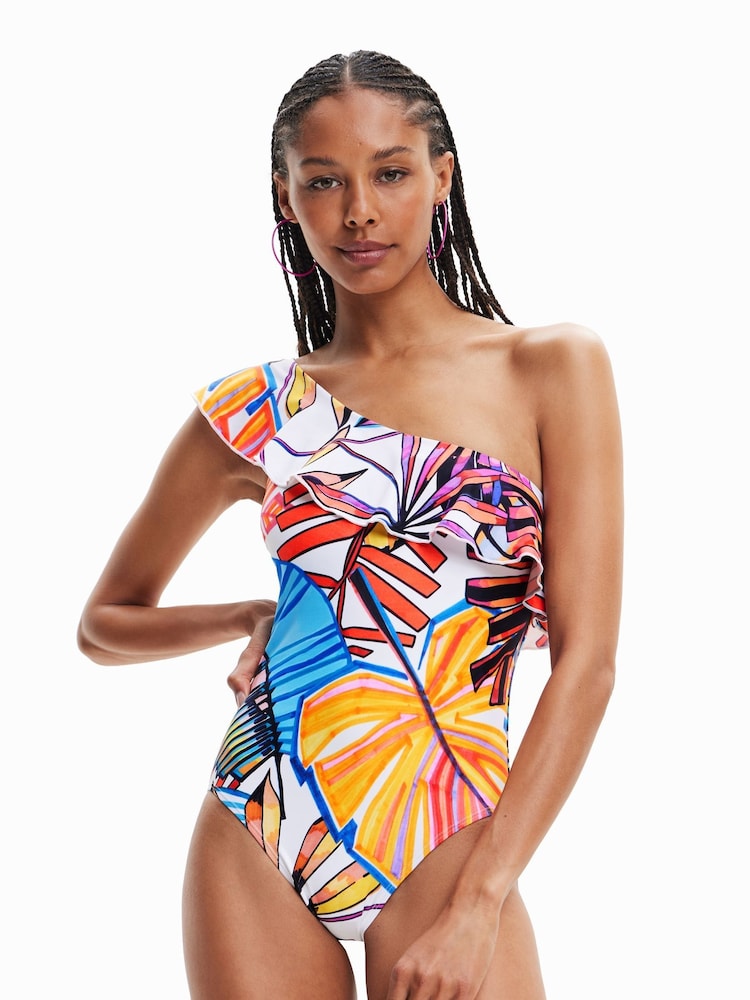 Desigual Tropical Asymmetric One Shoulder White Swimsuit - Image 1 of 5 Desigual Tropical Asymmetric One Shoulder White Swimsuit - Image 1 of 5