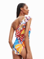 Desigual Tropical Asymmetric One Shoulder White Swimsuit - Image 2 of 5