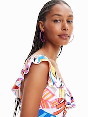 Desigual Tropical Asymmetric One Shoulder White Swimsuit - Image 4 of 5