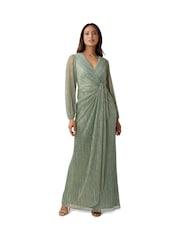 Adrianna Papell Green Metallic Mesh Draped Gown - Image 1 of 5