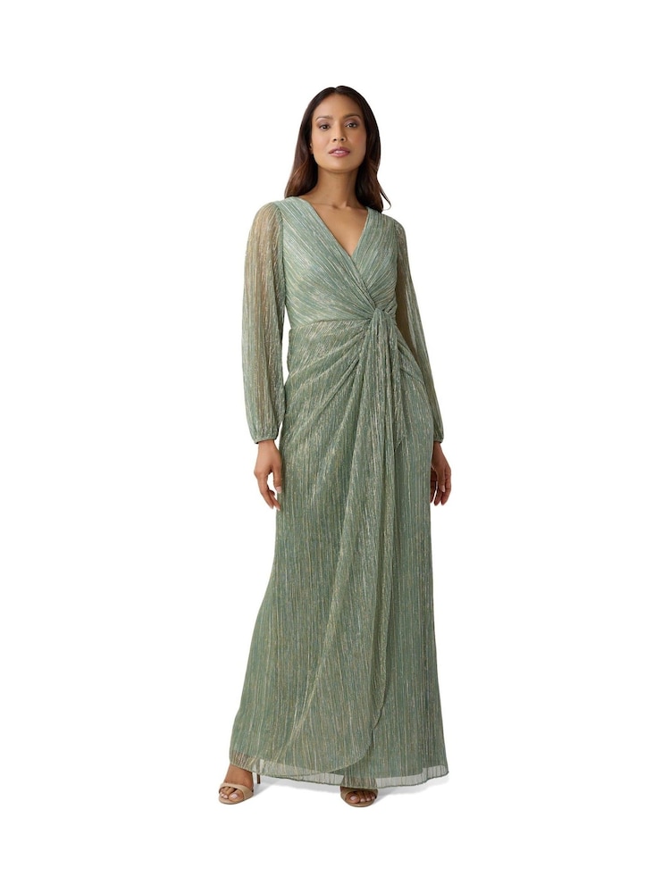 Adrianna Papell Green Metallic Mesh Draped Gown - Image 1 of 5