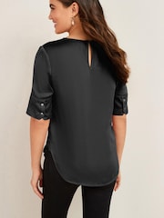 Black Curved Hem Satin Formal T-Shirt Short Sleeves Top - Image 2 of 5
