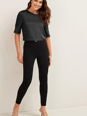 Black Curved Hem Satin Formal T-Shirt Short Sleeves Top - Image 3 of 5