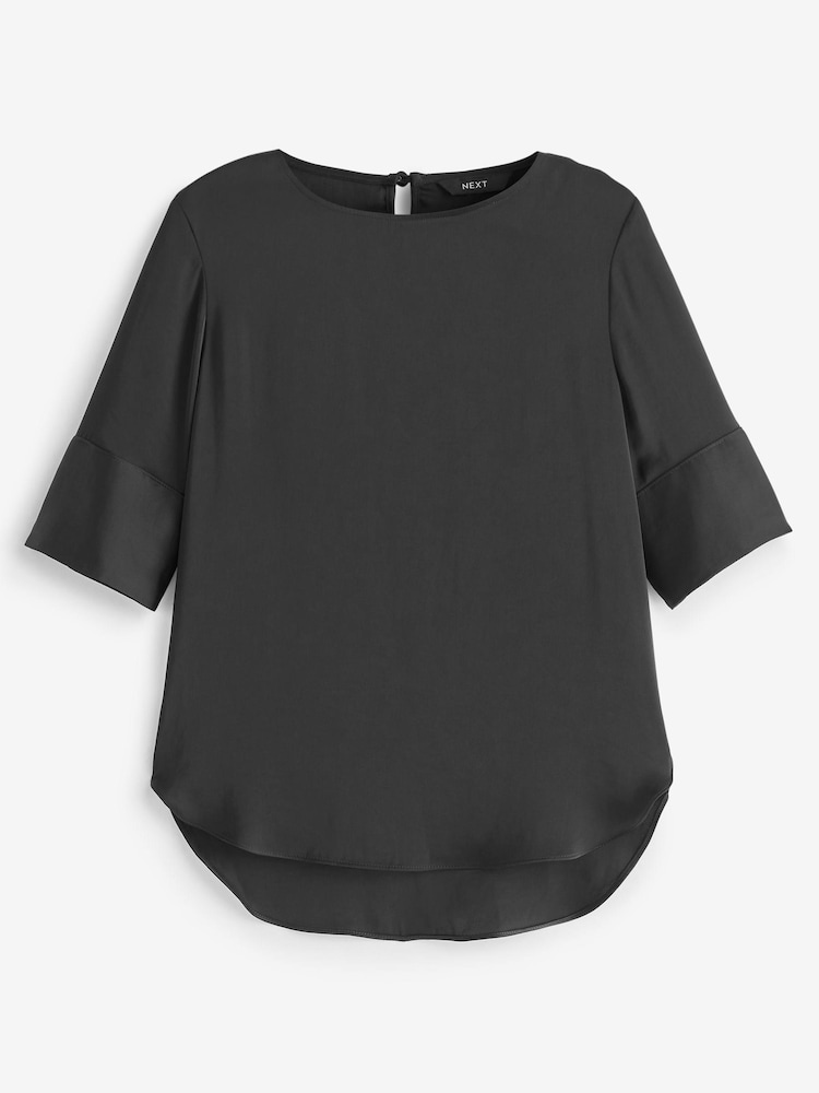 Black Curved Hem Satin Formal T-Shirt Short Sleeves Top - Image 5 of 5