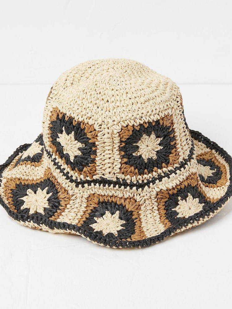 FatFace Natural Crochet Bucket Hat - Image 1 of 4 FatFace Natural Crochet Bucket Hat - Image 1 of 4
