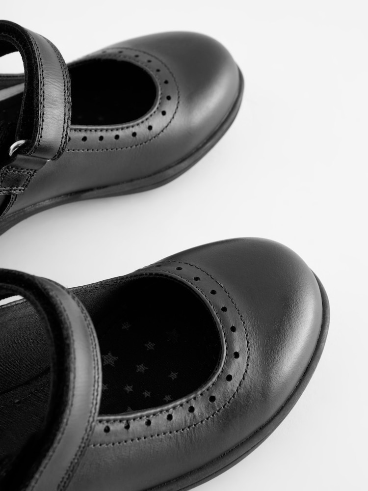 Matt Black Standard Fit (F) School Leather Brogue Detail Mary Jane Shoes - Image 6 of 6