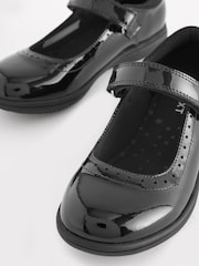 Black Patent Wide Fit (G) School Leather Brogue Detail Mary Jane Shoes - Image 3 of 6