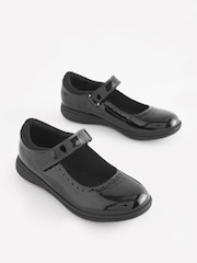 Black Patent Narrow Fit (E) School Leather Brogue Detail Mary Jane Shoes - Image 1 of 6