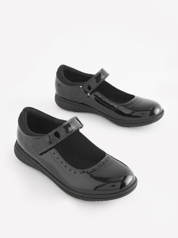 Black Patent Narrow Fit (E) School Leather Brogue Detail Mary Jane Shoes - Image 1 of 6