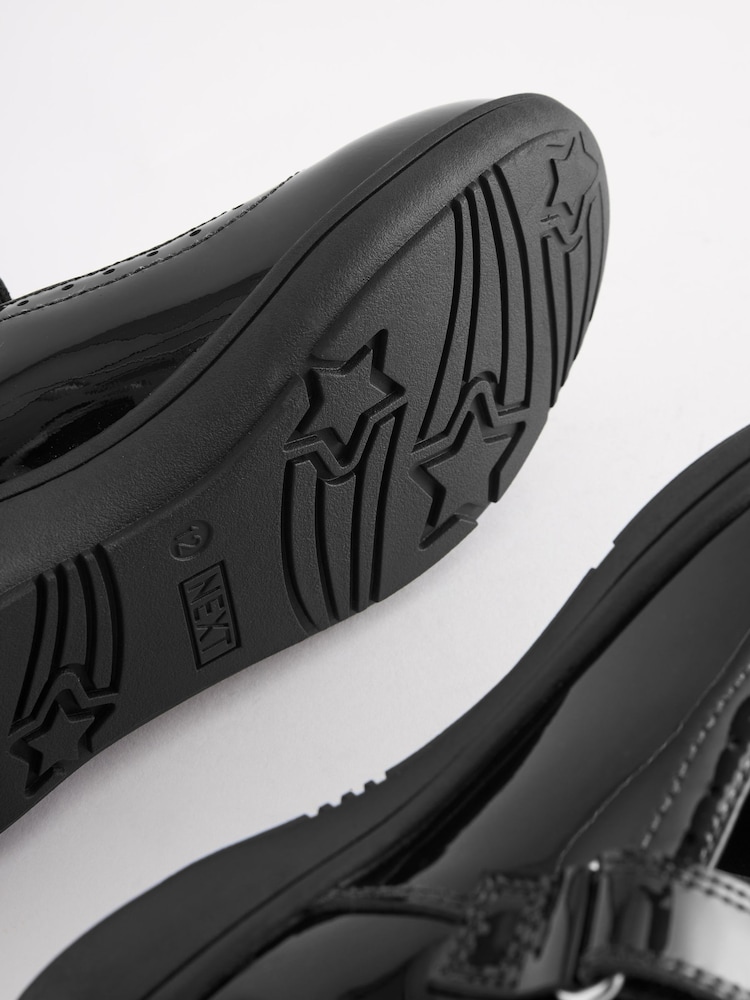 Black Patent Narrow Fit (E) School Leather Brogue Detail Mary Jane Shoes - Image 6 of 6