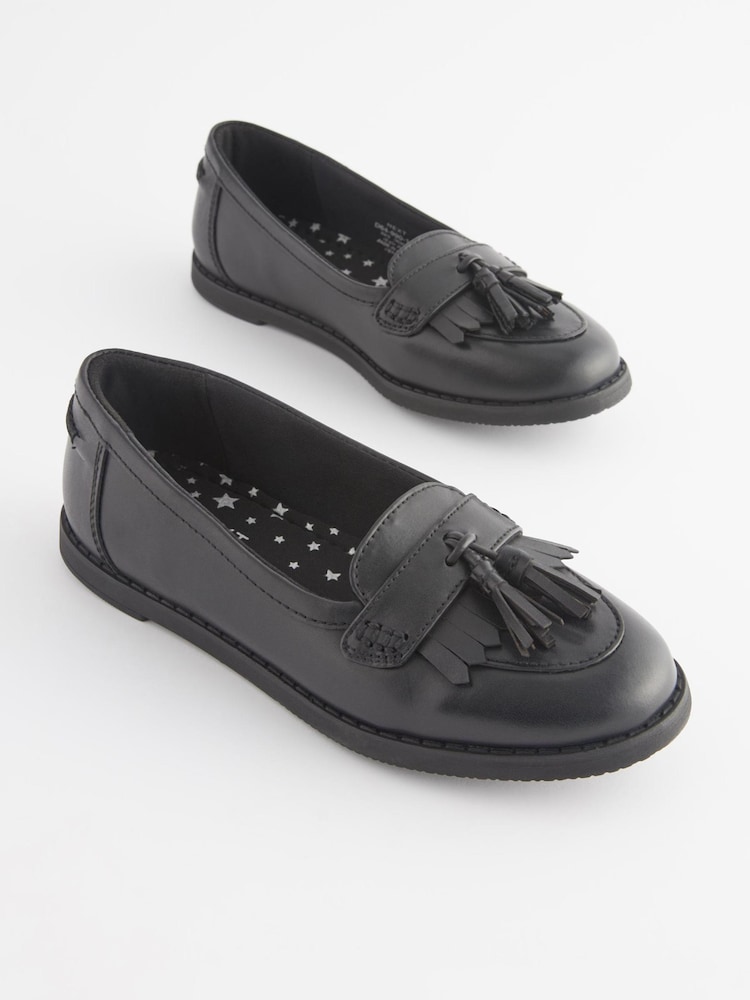 Matt Black Wide Fit (G) School Leather Tassel Loafers - Image 1 of 6