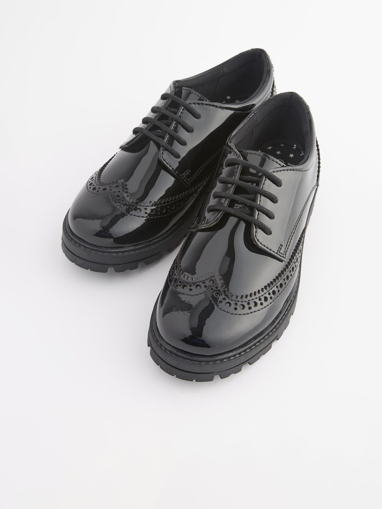 Črn patent - Šolski usnjeni brogues z vezalkami in debelim podplatom - Slika 2 iz 8 Črn patent - Šolski usnjeni brogues z vezalkami in debelim podplatom - Slika 2 iz 8