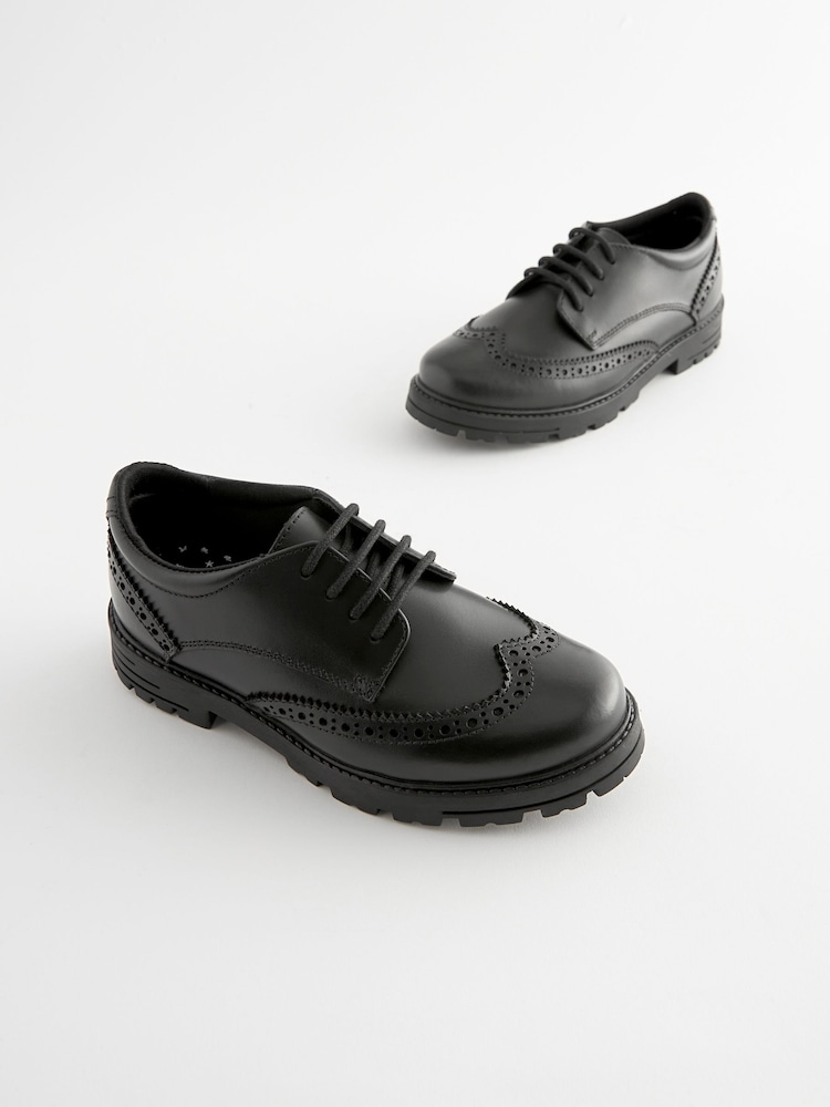 Noir mat - Chaussures de brogue à lacets en cuir épais pour l’école - Image 5 of 10