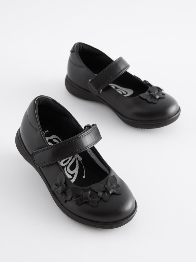 Matt Black Wide Fit (G) School Junior Butterfly Mary Jane Shoes - Image 1 of 7