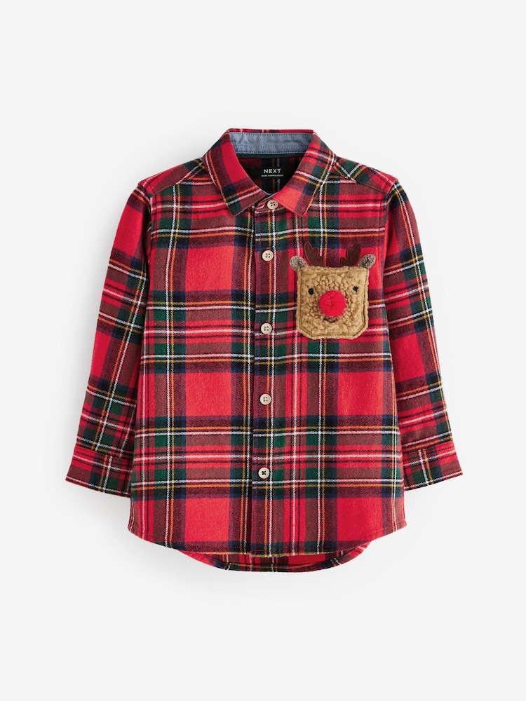 Red with Christmas Reindeer Pocket Long Sleeve Check Shirt (3mths-7yrs) - Image 1 of 4
