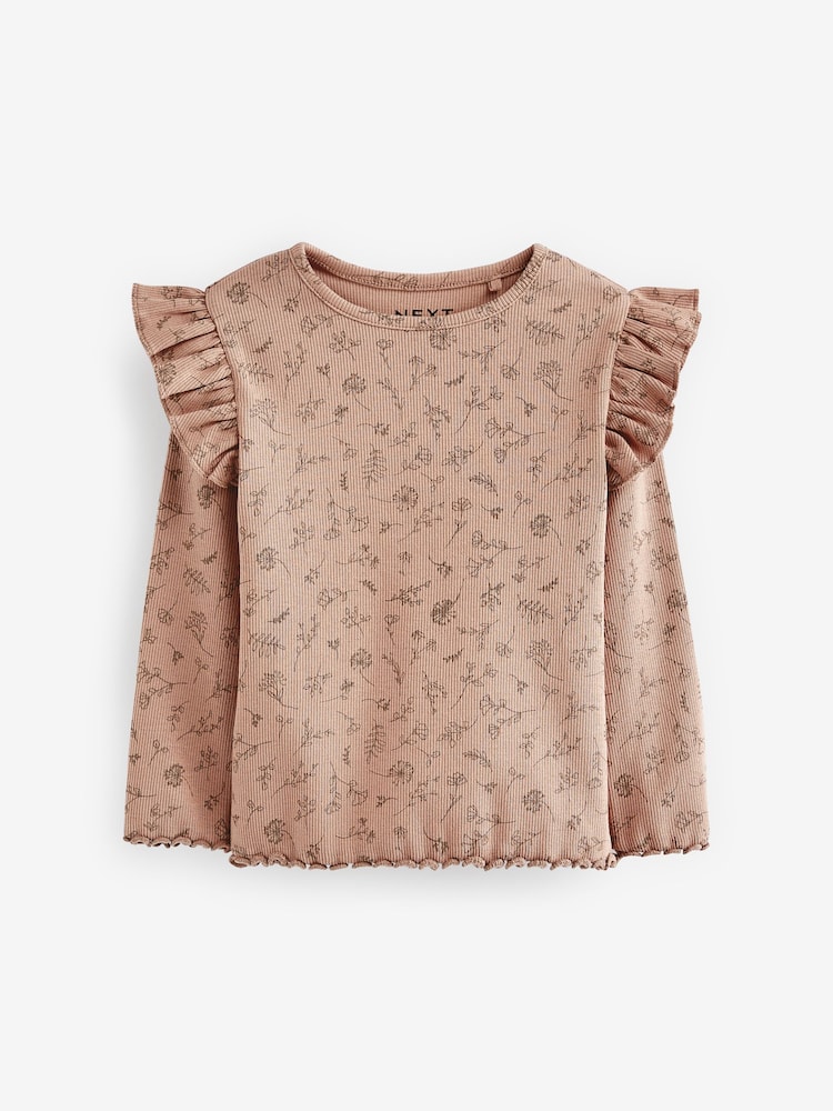 Neutral Flower Long Sleeve Frill Rib Jersey Top (3mths-7yrs) - Image 4 of 5