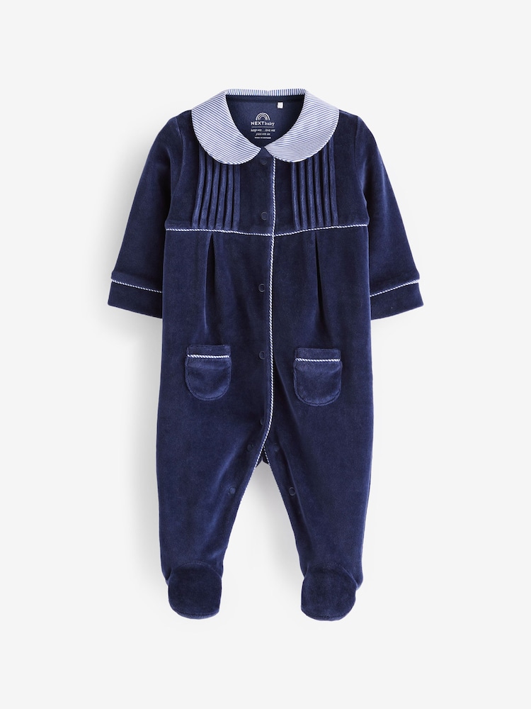 Buy Navy Blue Baby Velour Collared Sleepsuit (0mths-3yrs) from the