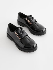 Black Patent Standard Fit (F) School Rose Gold Eyelet Lace Up Shoes - Image 1 of 6
