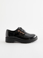 Black Patent Standard Fit (F) School Rose Gold Eyelet Lace Up Shoes - Image 2 of 6