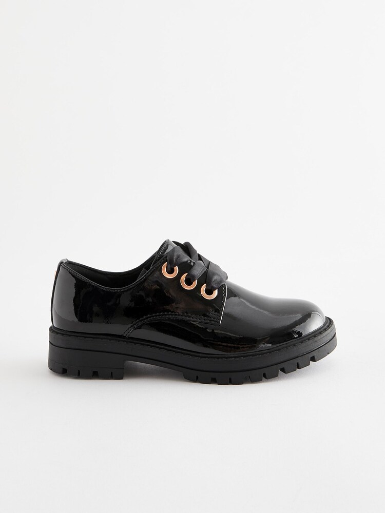 Black Patent Standard Fit (F) School Rose Gold Eyelet Lace Up Shoes - Image 2 of 6