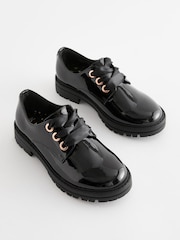 Black Patent Wide Fit (G) School Rose Gold Eyelet Lace Up Shoes - Image 1 of 6