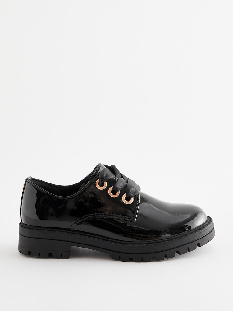 Black Patent Wide Fit (G) School Rose Gold Eyelet Lace Up Shoes - Image 2 of 6