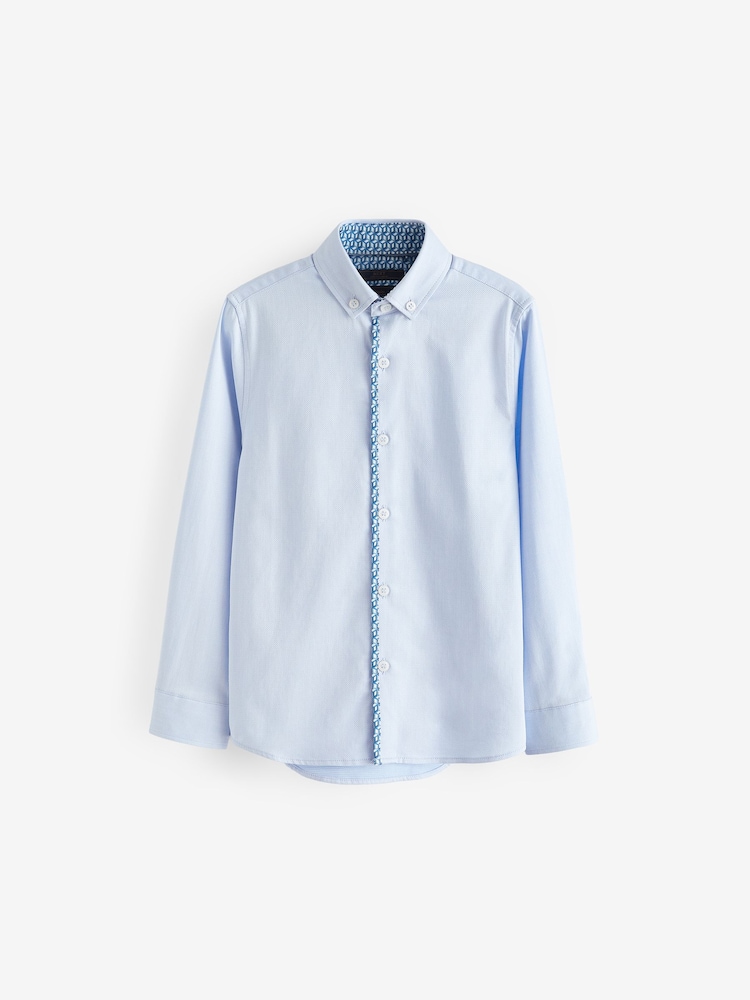 Blue Long Sleeve Smart Shirt With Trim (3-16yrs) - Image 1 of 3 Blue Long Sleeve Smart Shirt With Trim (3-16yrs) - Image 1 of 3