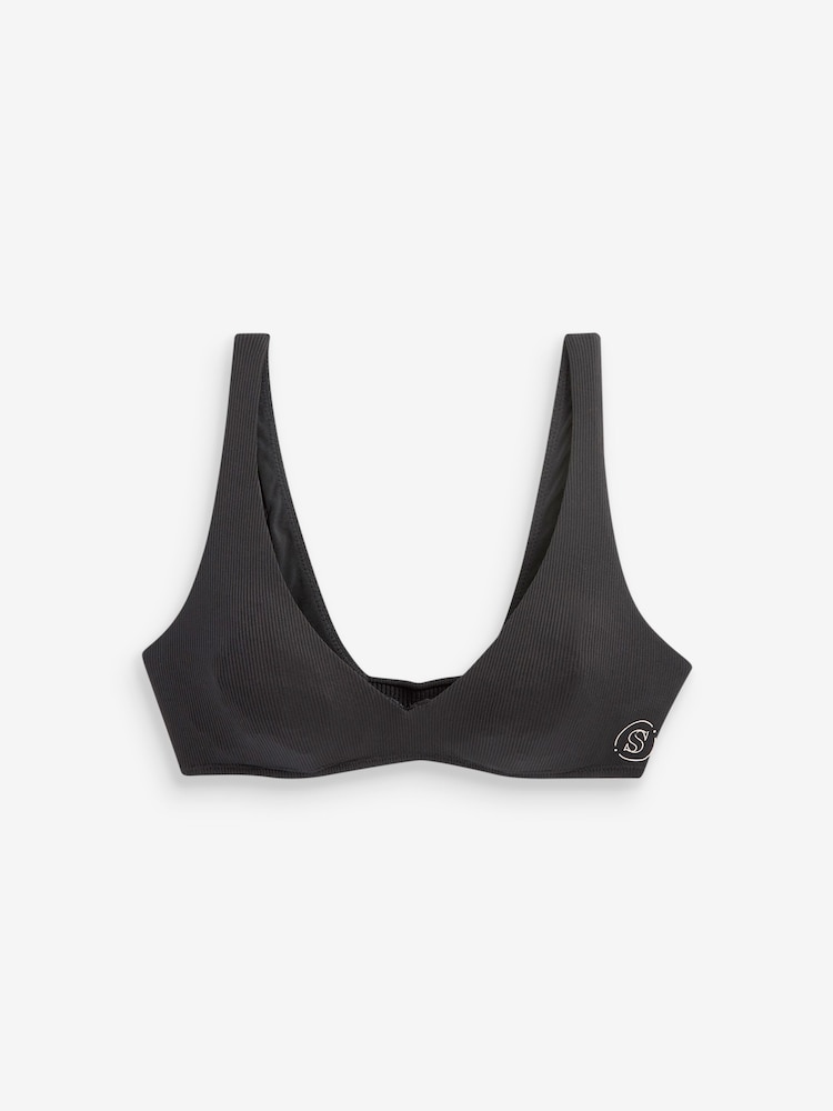 self. Black Ribbed Non Wire Plunge Pull-On Crop Bra - Image 8 of 9