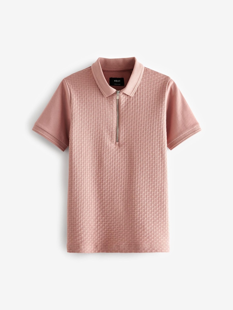 Pink Short Sleeve Zip Neck Textured Polo Shirt (3-16yrs) - Image 1 of 2 Pink Short Sleeve Zip Neck Textured Polo Shirt (3-16yrs) - Image 1 of 2