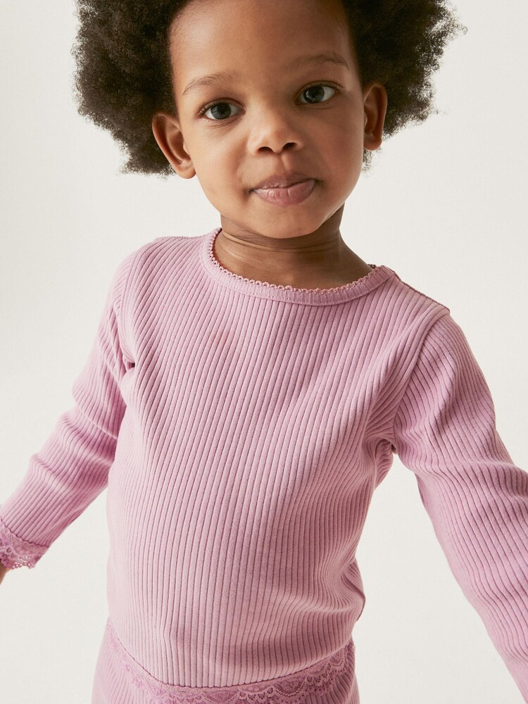 Purple Long Sleeve Lace Trim Rib T-Shirt (3mths-7yrs) - Image 1 of 1 Purple Long Sleeve Lace Trim Rib T-Shirt (3mths-7yrs) - Image 1 of 1